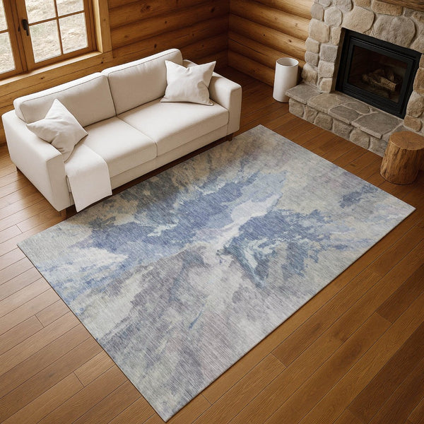 HomeRoots 9' X 12' Washable Abstract Area Rug in Denim Blue & Ivory - Durable, UV-Protected & Family-Friendly! 695437