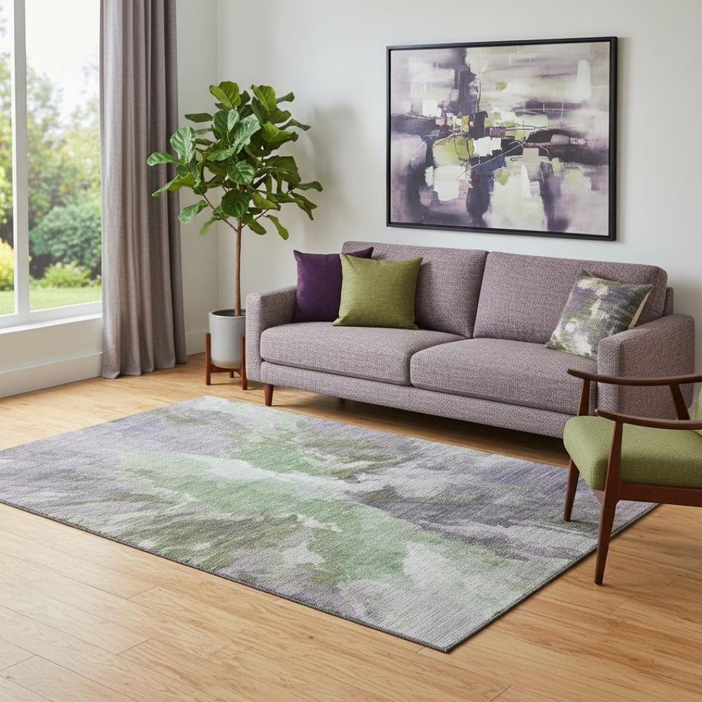 HomeRoots 5' X 8' Modern Abstract Area Rug in Green, Purple & Ivory – Washable, Stain-Resistant with UV Protection 695440