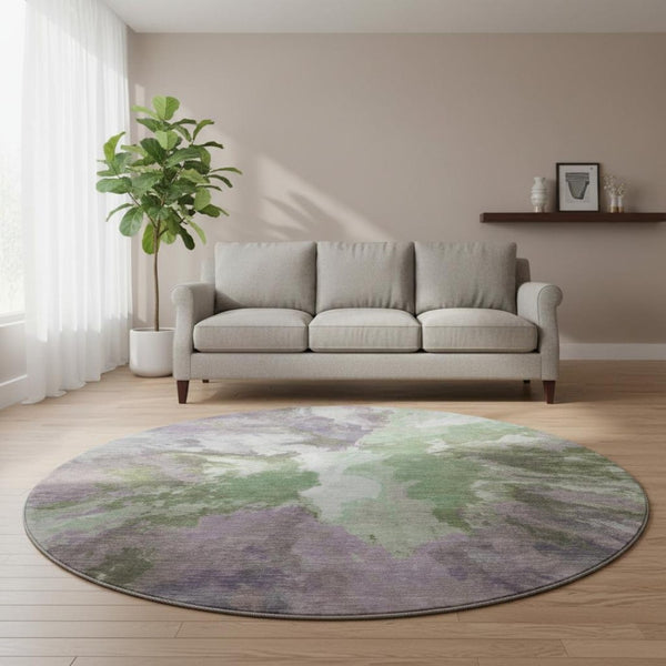 HomeRoots 8' Contemporary Green, Purple & Ivory Abstract Washable Round Rug with UV Protection & Non-Slip Backing 695441