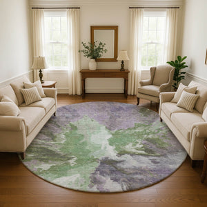 HomeRoots 8' Contemporary Green, Purple & Ivory Abstract Washable Round Rug with UV Protection & Non-Slip Backing 695441