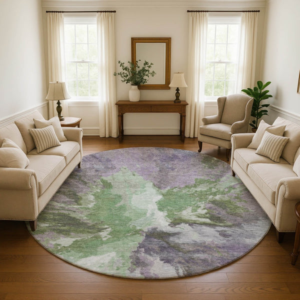 HomeRoots 8' Contemporary Green, Purple & Ivory Abstract Washable Round Rug with UV Protection & Non-Slip Backing 695441