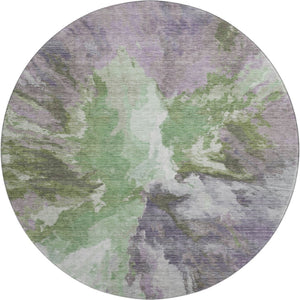 HomeRoots 8' Contemporary Green, Purple & Ivory Abstract Washable Round Rug with UV Protection & Non-Slip Backing 695441