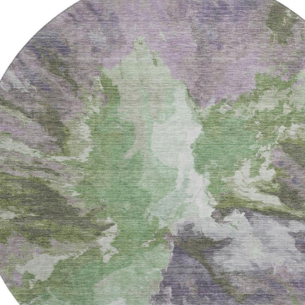 HomeRoots 8' Contemporary Green, Purple & Ivory Abstract Washable Round Rug with UV Protection & Non-Slip Backing 695441