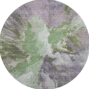 HomeRoots 8' Contemporary Green, Purple & Ivory Abstract Washable Round Rug with UV Protection & Non-Slip Backing 695441