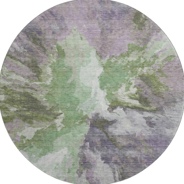 HomeRoots 8' Contemporary Green, Purple & Ivory Abstract Washable Round Rug with UV Protection & Non-Slip Backing 695441