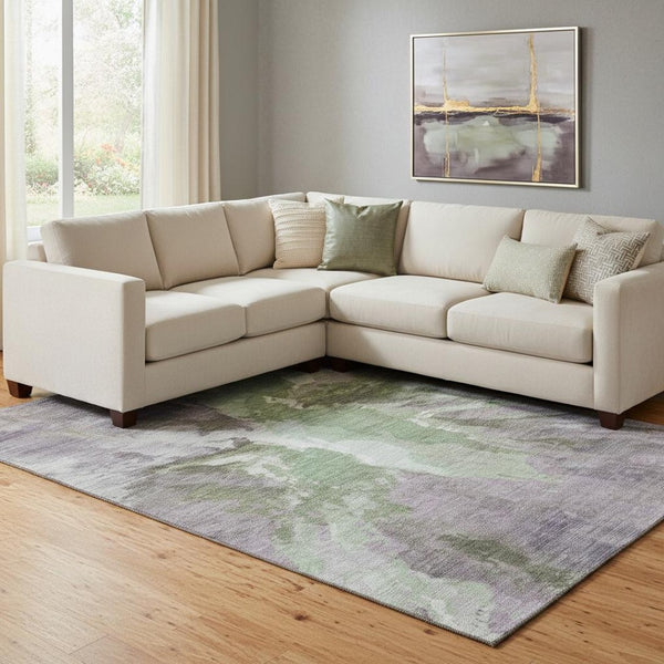 HomeRoots 8' X 10' Abstract Area Rug in Green, Purple & Ivory - Washable, Stain-Resistant, UV Protected Design 695442