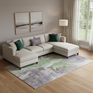HomeRoots 9' X 12' Stylish Abstract Area Rug in Green, Purple & Ivory - Washable, UV Protected & Durable Design 695443