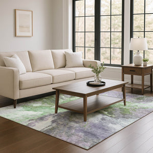 HomeRoots 9' X 12' Stylish Abstract Area Rug in Green, Purple & Ivory - Washable, UV Protected & Durable Design 695443