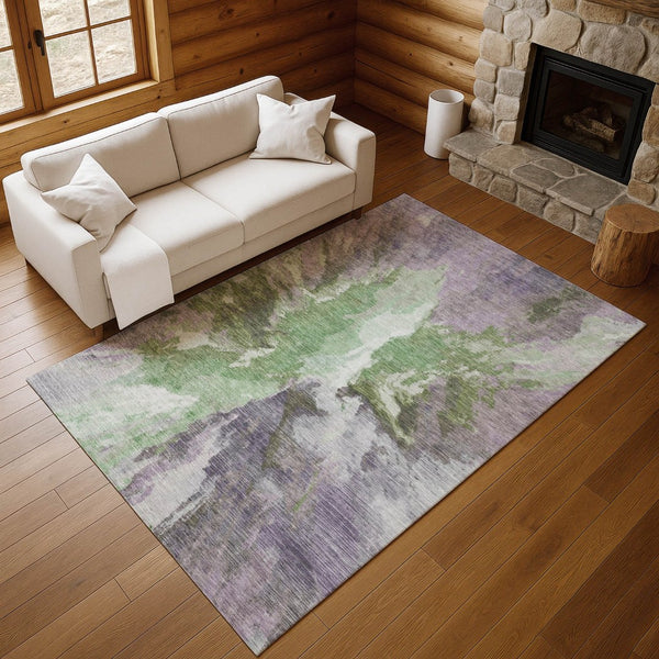 HomeRoots 9' X 12' Stylish Abstract Area Rug in Green, Purple & Ivory - Washable, UV Protected & Durable Design 695443