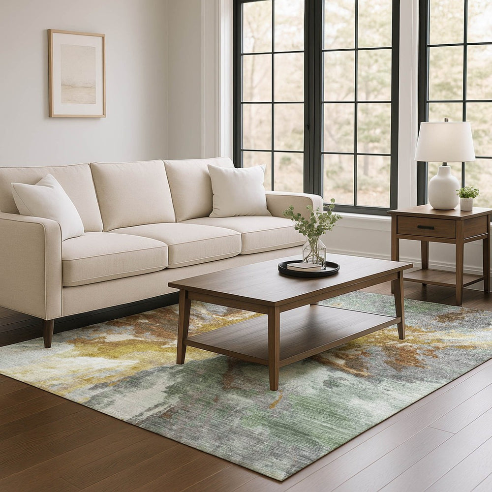 HomeRoots 5' X 8' Abstract Washable Area Rug in Gold Ivory & Gray – Durable, Non-Slip, UV-Protected Beauty! 695446