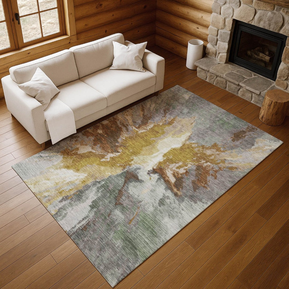 HomeRoots 5' X 8' Abstract Washable Area Rug in Gold Ivory & Gray – Durable, Non-Slip, UV-Protected Beauty! 695446