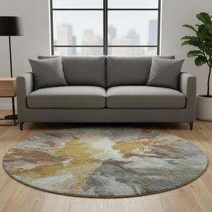 HomeRoots 8' Stylish Gold Ivory Gray Abstract Round Rug - Washable, UV Protected, Stain Resistant, Durable Design 695447