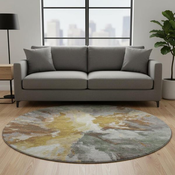 HomeRoots 8' Stylish Gold Ivory Gray Abstract Round Rug - Washable, UV Protected, Stain Resistant, Durable Design 695447