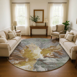 HomeRoots 8' Stylish Gold Ivory Gray Abstract Round Rug - Washable, UV Protected, Stain Resistant, Durable Design 695447