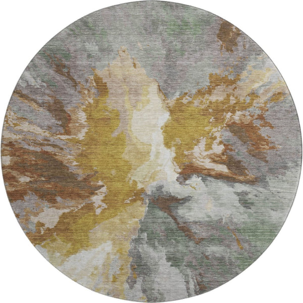 HomeRoots 8' Stylish Gold Ivory Gray Abstract Round Rug - Washable, UV Protected, Stain Resistant, Durable Design 695447