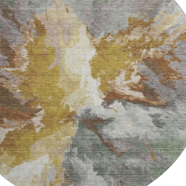 HomeRoots 8' Stylish Gold Ivory Gray Abstract Round Rug - Washable, UV Protected, Stain Resistant, Durable Design 695447