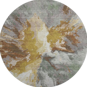 HomeRoots 8' Stylish Gold Ivory Gray Abstract Round Rug - Washable, UV Protected, Stain Resistant, Durable Design 695447