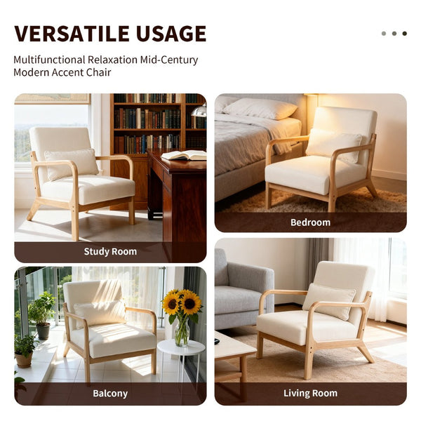 English Elm Mid Century Modern Accent Chair Solid Rubberwood Frame Lumbar Pillow Beige Living Room W2989P426363