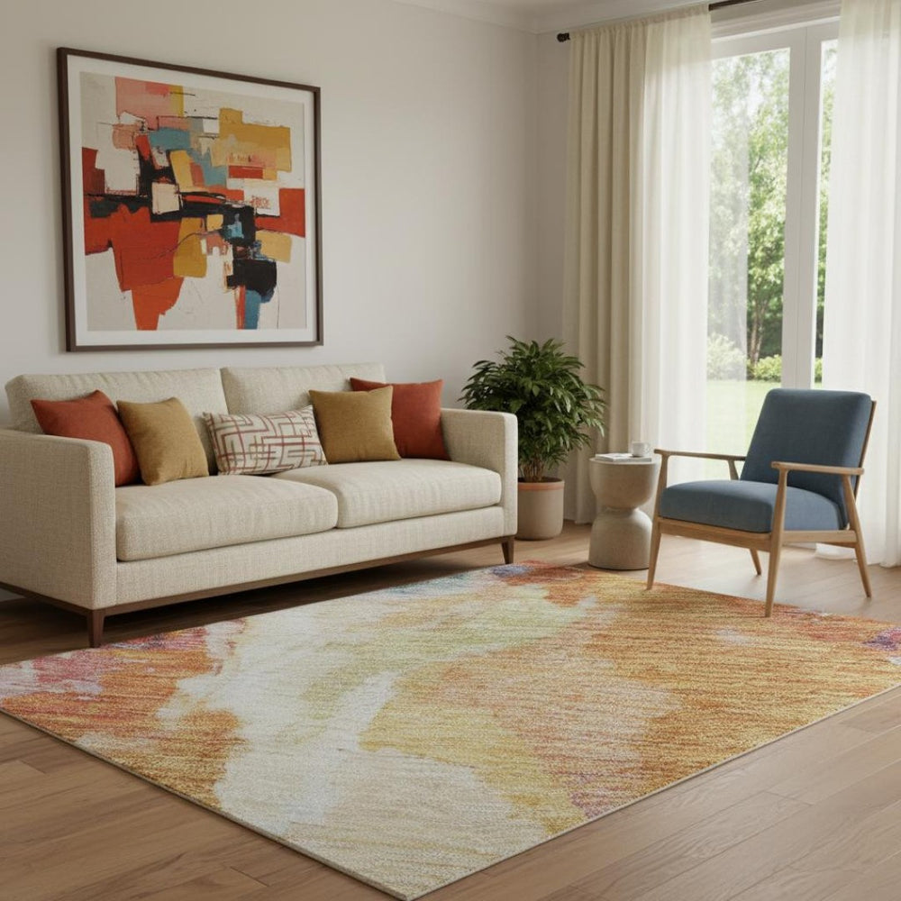 HomeRoots 5' X 8' Vibrant Orange-Red and Teal Abstract Washable Area Rug with UV Protection for Easy Care 695452