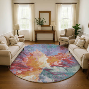 HomeRoots 8' Vibrant Abstract Round Rug in Orange, Red & Teal – Washable, UV Protected, Perfect for Any Space! 695453