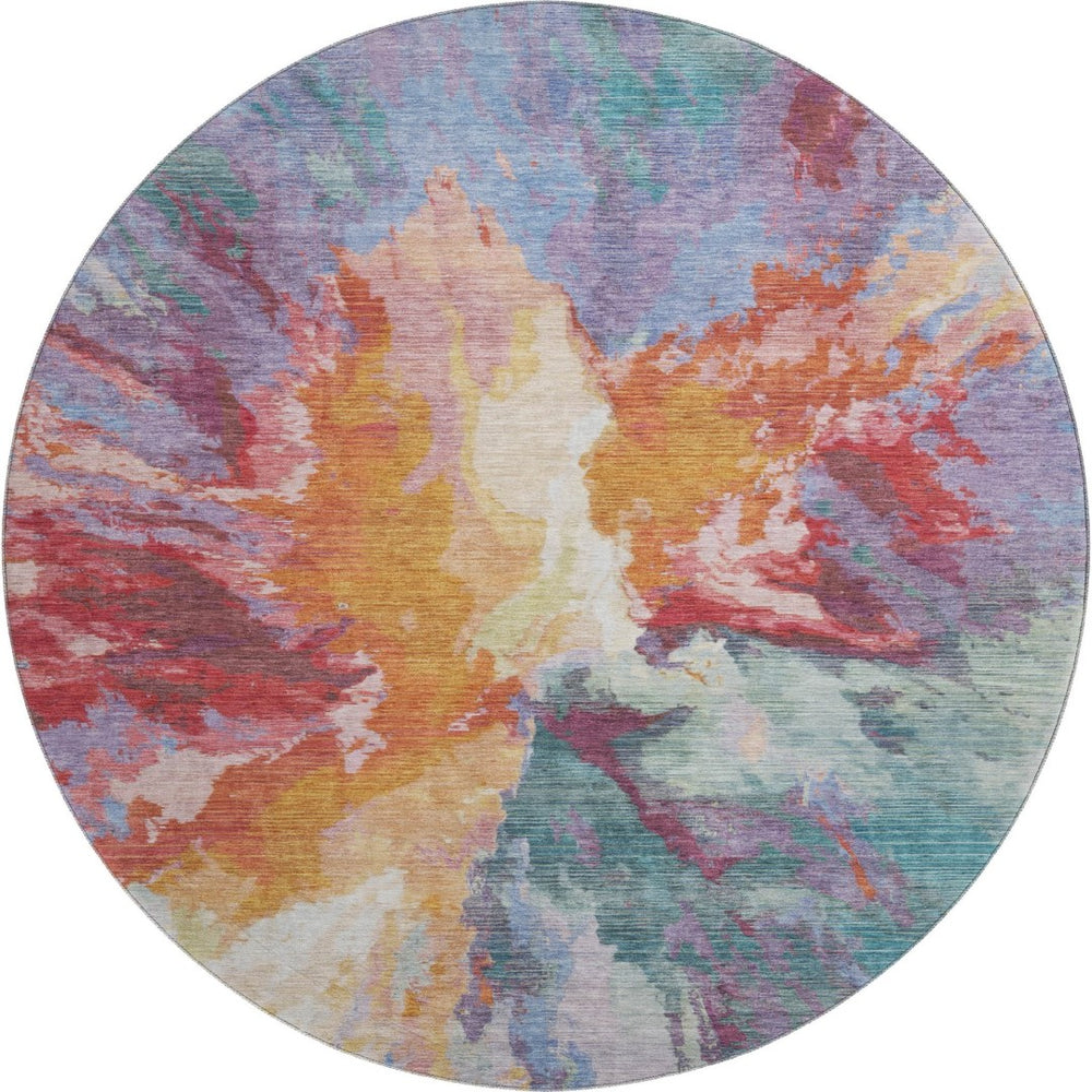 HomeRoots 8' Vibrant Abstract Round Rug in Orange, Red & Teal – Washable, UV Protected, Perfect for Any Space! 695453