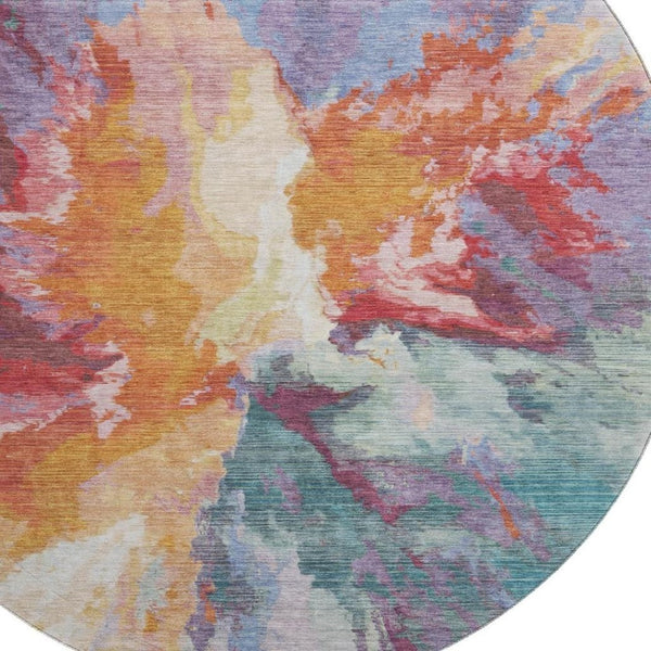 HomeRoots 8' Vibrant Abstract Round Rug in Orange, Red & Teal – Washable, UV Protected, Perfect for Any Space! 695453