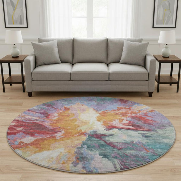 HomeRoots 8' Vibrant Abstract Round Rug in Orange, Red & Teal – Washable, UV Protected, Perfect for Any Space! 695453