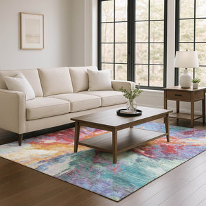 HomeRoots 8' X 10' Abstract Washable Area Rug in Vibrant Orange-Red & Teal with UV Protection for Durability 695454
