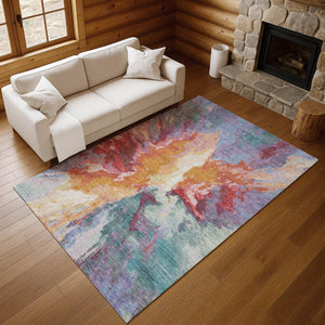 HomeRoots 8' X 10' Abstract Washable Area Rug in Vibrant Orange-Red & Teal with UV Protection for Durability 695454