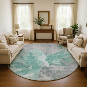HomeRoots 8' Teal Gray and Lavender Abstract Washable Round Rug - UV Protected, Non-Slip, Easy Care Design! 695465
