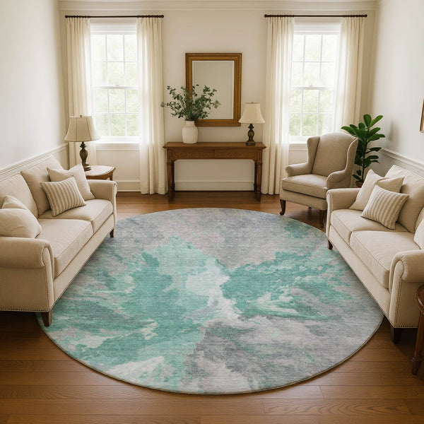 HomeRoots 8' Teal Gray and Lavender Abstract Washable Round Rug - UV Protected, Non-Slip, Easy Care Design! 695465