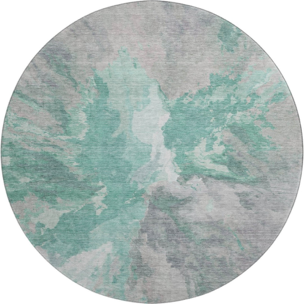 HomeRoots 8' Teal Gray and Lavender Abstract Washable Round Rug - UV Protected, Non-Slip, Easy Care Design! 695465