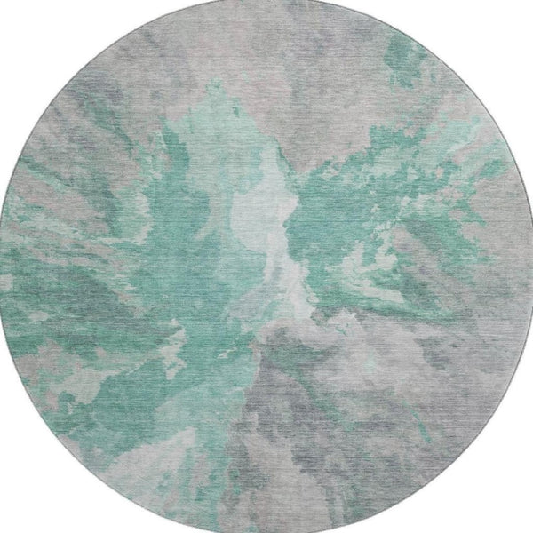 HomeRoots 8' Teal Gray and Lavender Abstract Washable Round Rug - UV Protected, Non-Slip, Easy Care Design! 695465