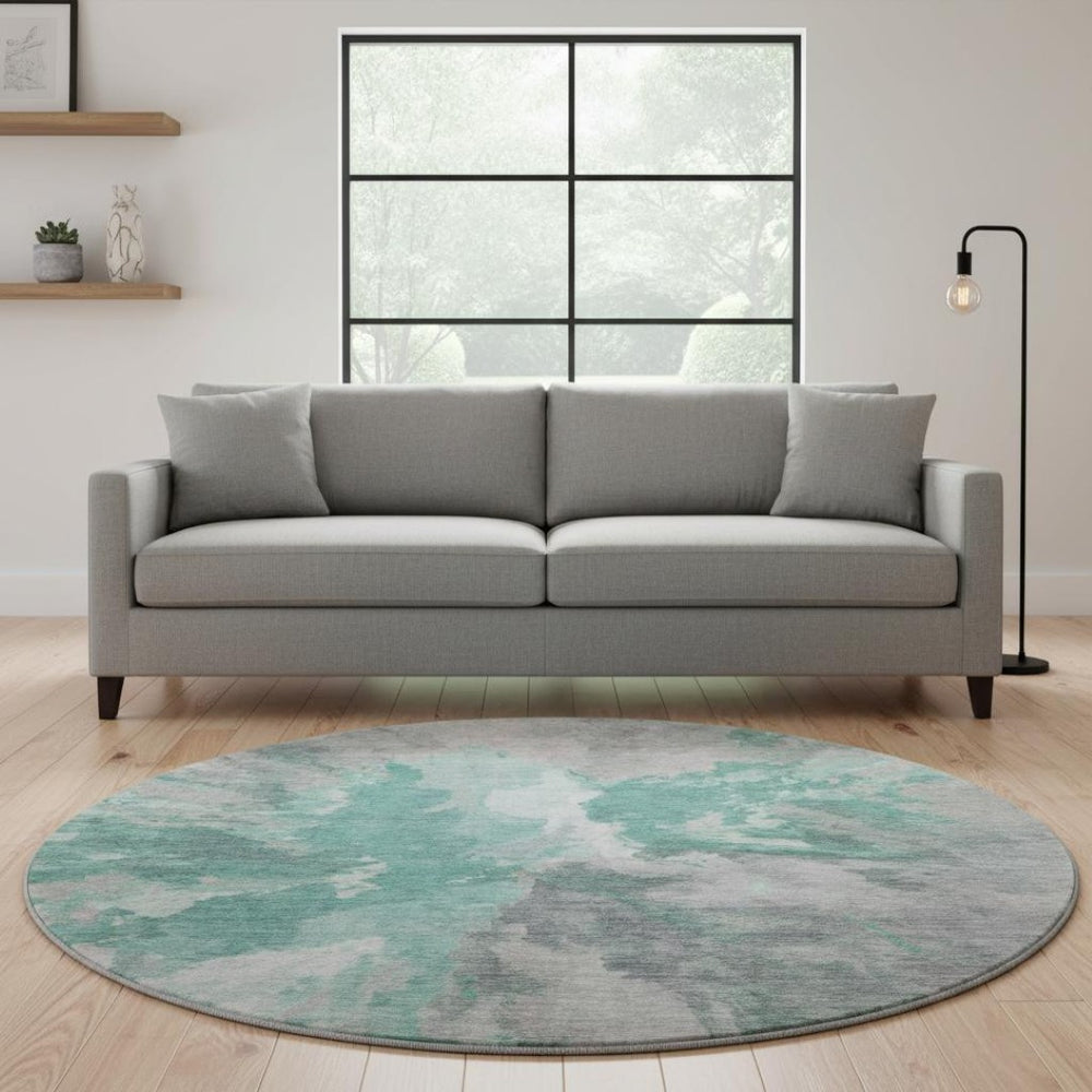 HomeRoots 8' Teal Gray and Lavender Abstract Washable Round Rug - UV Protected, Non-Slip, Easy Care Design! 695465