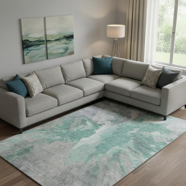 HomeRoots 9' X 12' Stylish Teal Gray Lavender Abstract Area Rug - Washable, UV Protected & Perfect for Homes! 695467