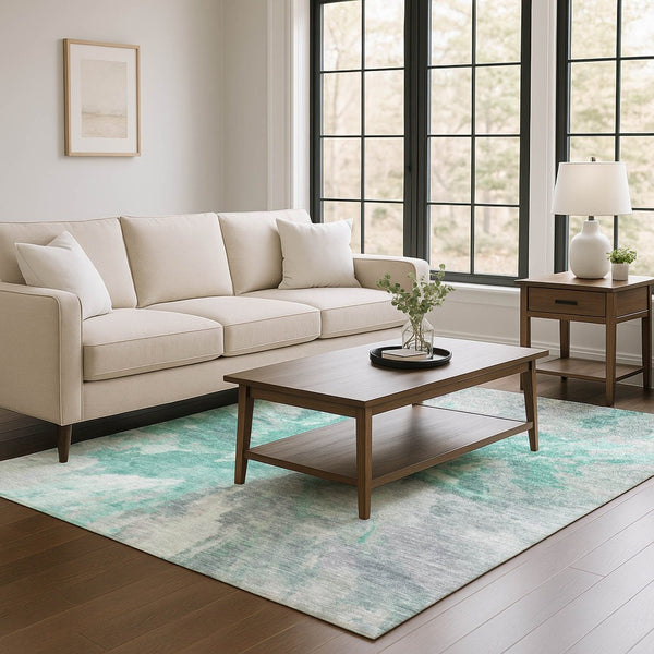 HomeRoots 9' X 12' Stylish Teal Gray Lavender Abstract Area Rug - Washable, UV Protected & Perfect for Homes! 695467