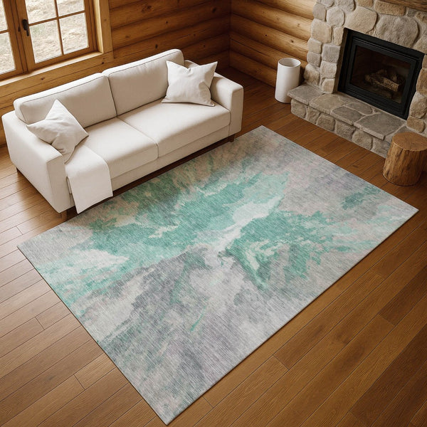 HomeRoots 9' X 12' Stylish Teal Gray Lavender Abstract Area Rug - Washable, UV Protected & Perfect for Homes! 695467