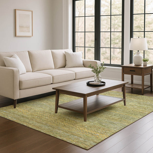 HomeRoots 9' x 12' Sage Gold & Khaki Striped Area Rug - Soft, Durable, Washable with UV Protection for Homes 695473