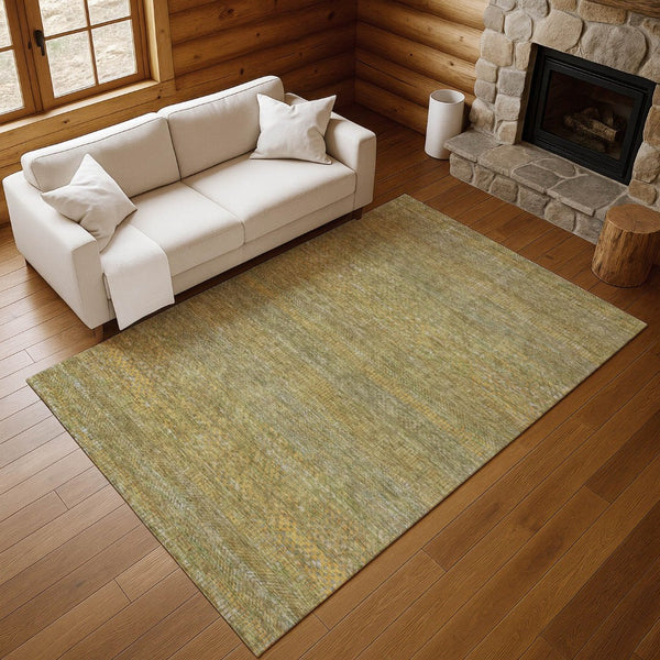 HomeRoots 9' x 12' Sage Gold & Khaki Striped Area Rug - Soft, Durable, Washable with UV Protection for Homes 695473