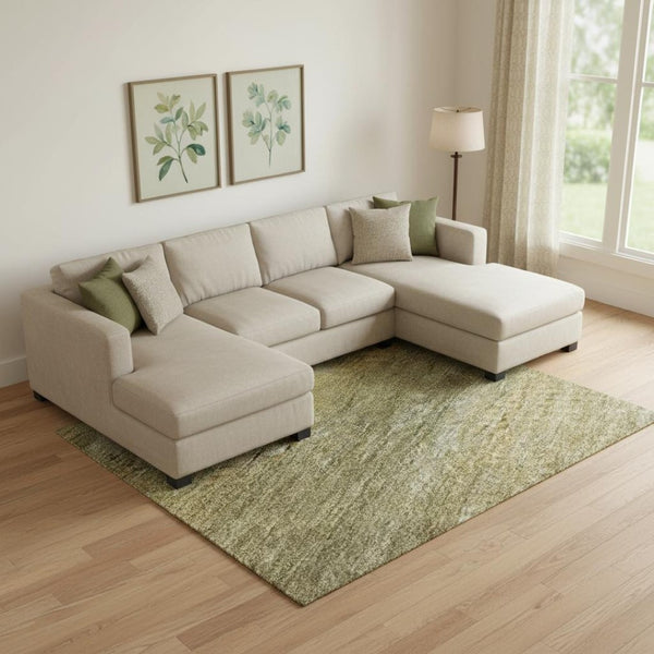 HomeRoots 10' X 14' Sage Gold Khaki Striped Washable Area Rug - Durable, UV-Protected, Easy-Care Design! 695474