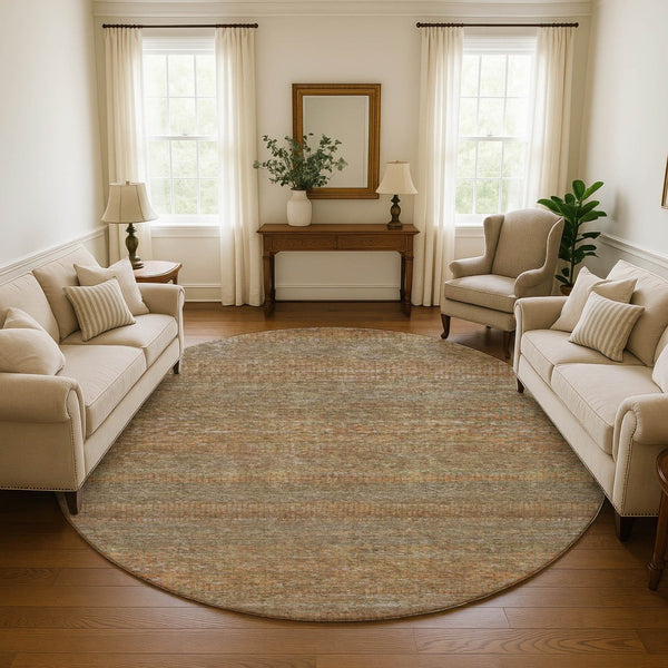 HomeRoots 8' Taupe Brown & Copper Striped Washable Round Rug – Durable, Stylish, Stain Resistant, UV Safe! 695477