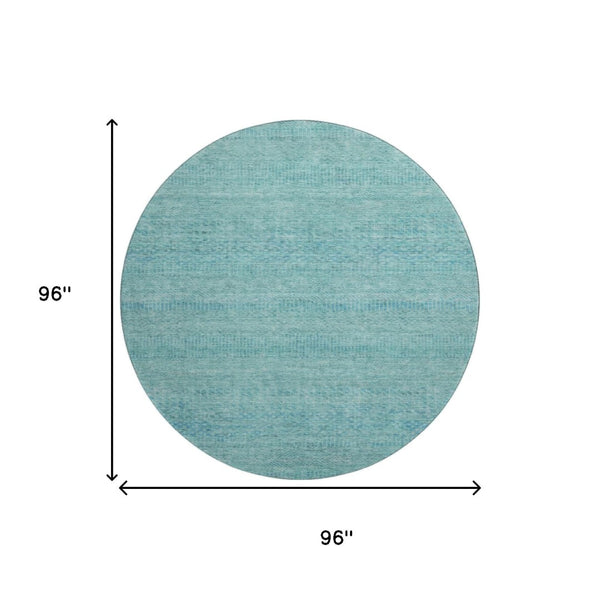 HomeRoots 8' Aqua and Teal Striped Washable Round Rug – UV Protected, Durable, and Perfect for Indoor/Outdoor Use 695483