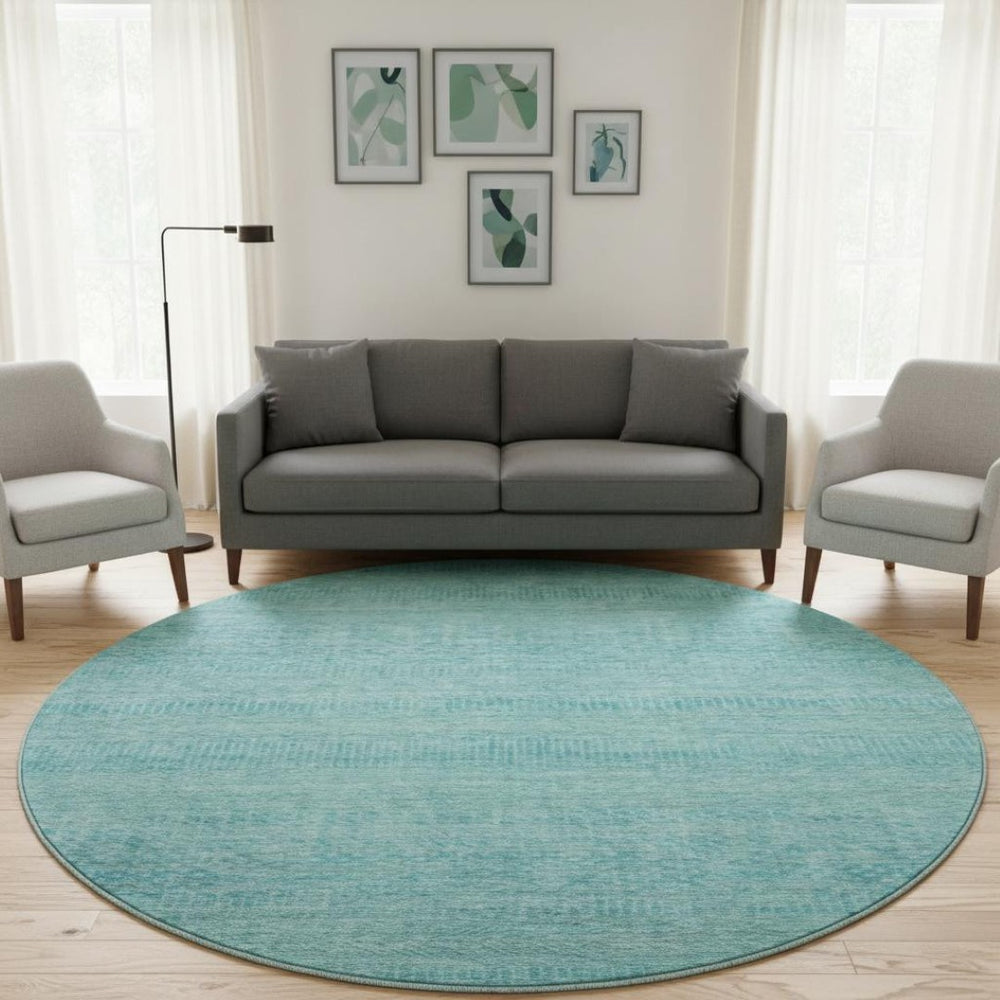HomeRoots 8' Aqua and Teal Striped Washable Round Rug – UV Protected, Durable, and Perfect for Indoor/Outdoor Use 695483