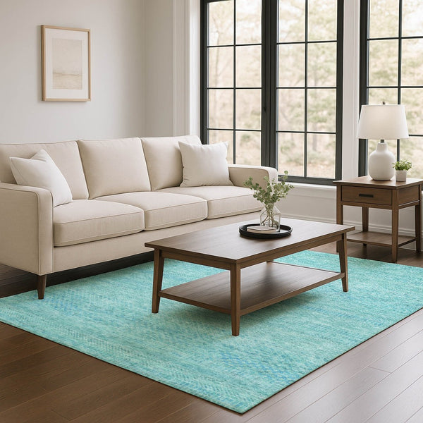 HomeRoots 8' X 10' Aqua & Teal Striped Area Rug – Durable, UV-Protected, Stain-Resistant for Indoor & Outdoor Use 695484