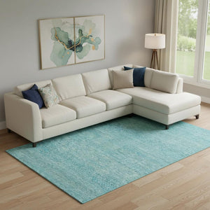 HomeRoots 9' X 12' Aqua and Teal Striped Area Rug - Washable, UV Protected, Non-Slip, Perfect for Busy Homes 695485