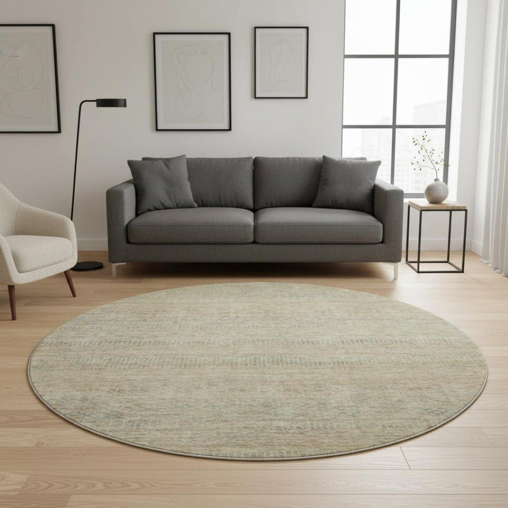 HomeRoots 8' Stylish Washable Round Rug in Beige, Gray & Khaki Stripes - UV Protected & Durable for Homes 695489