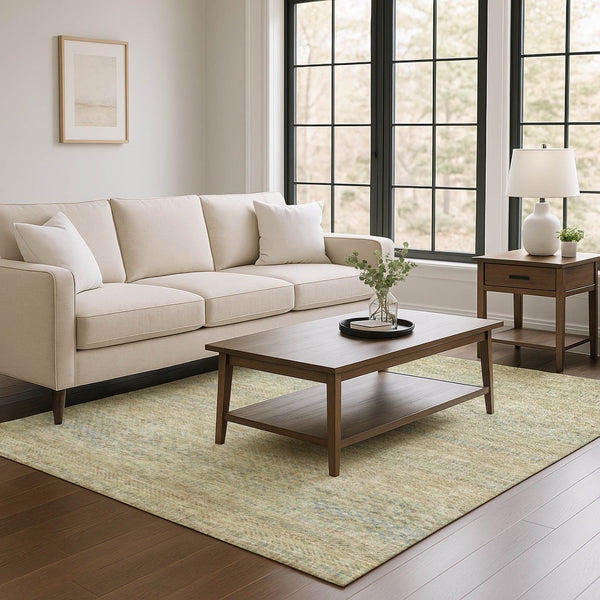 HomeRoots 9' X 12' Striped Area Rug in Beige, Gray & Khaki - Washable, Stain-Resistant, UV Protected Design 695491