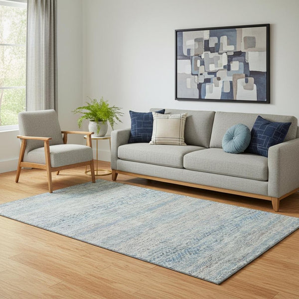 HomeRoots 5' X 8' Washable Blue Gray & Ivory Striped Area Rug - UV Protection, Stain Resistant, Easy Care! 695494