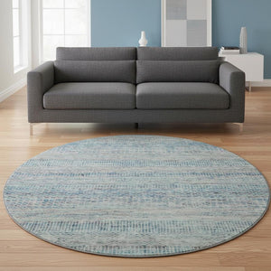 HomeRoots 8' Blue Gray and Ivory Striped Round Rug - Washable, UV-Protected, Perfect for Homes with Kids & Pets 695495