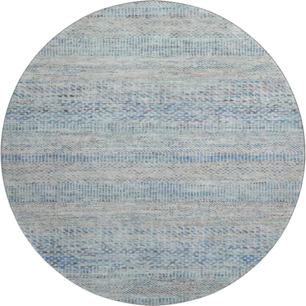 HomeRoots 8' Blue Gray and Ivory Striped Round Rug - Washable, UV-Protected, Perfect for Homes with Kids & Pets 695495